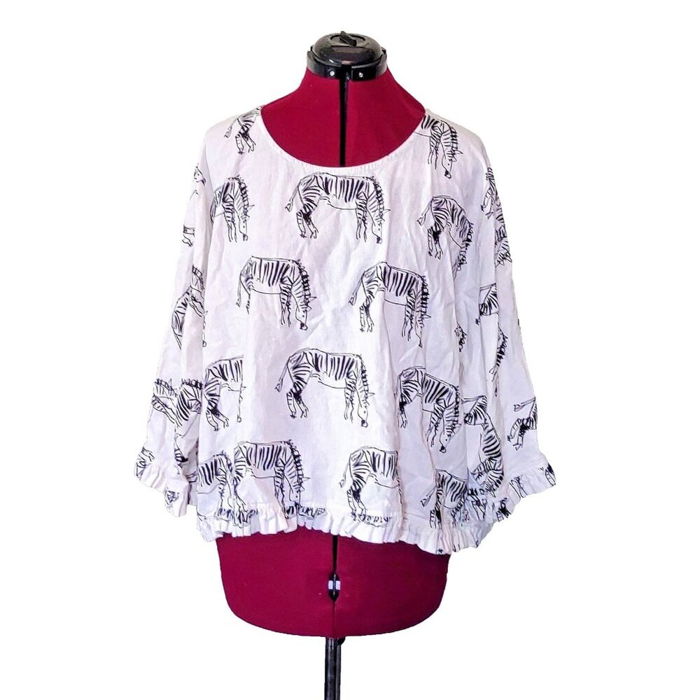 For Cynthia Blouse Black White Womens Size Large Zebra Sketch Linen Blend Ruffle